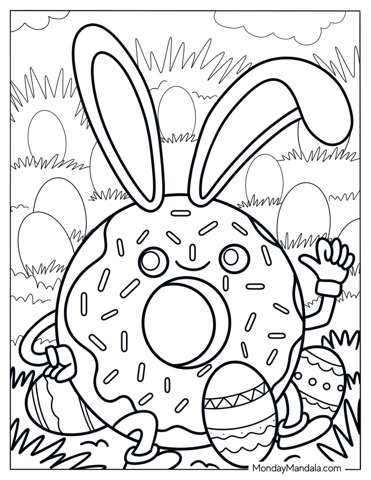 Easter Bunny Donut Coloring Page Surrounded By Eggs coloring page