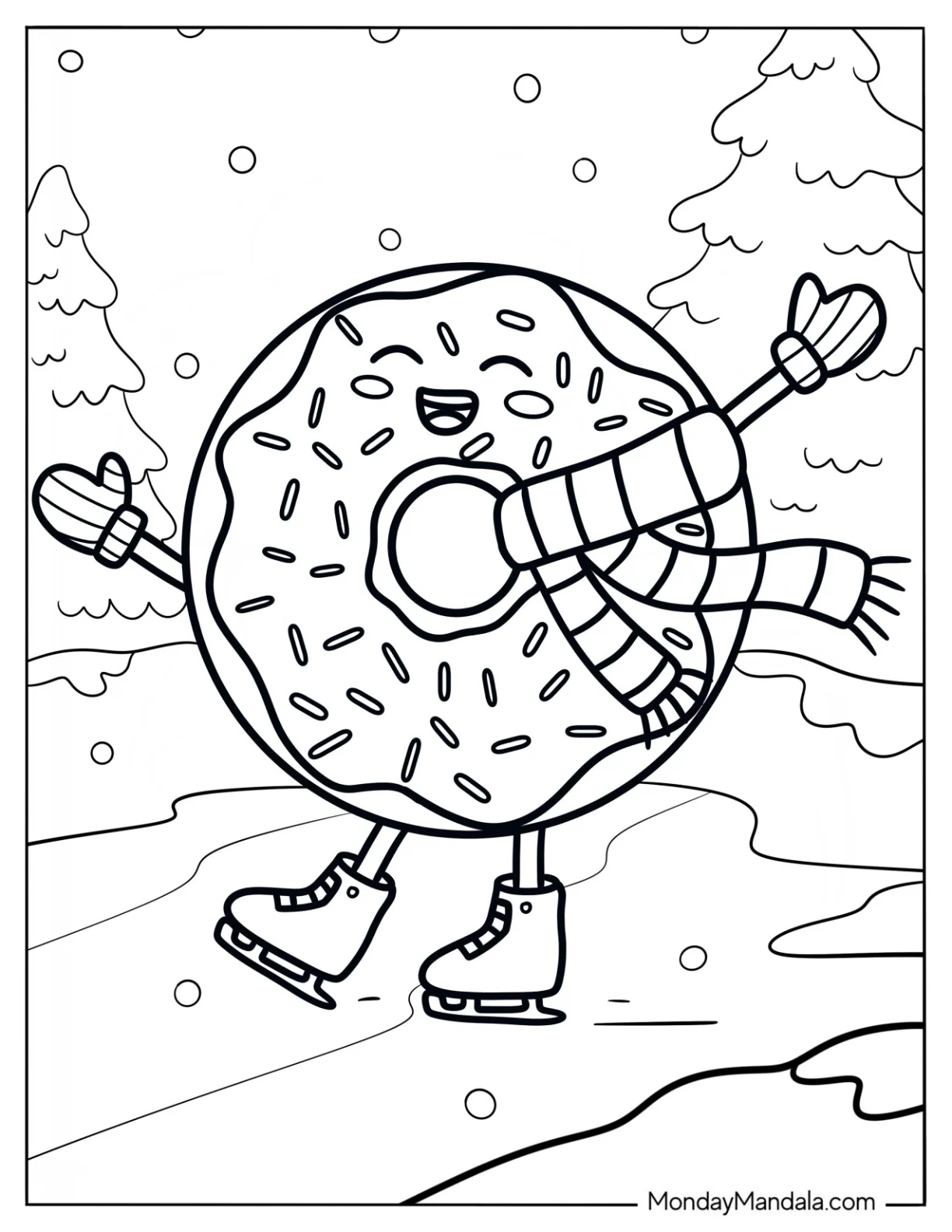 Excited Donut Coloring Page Ice Skating In Winter coloring page