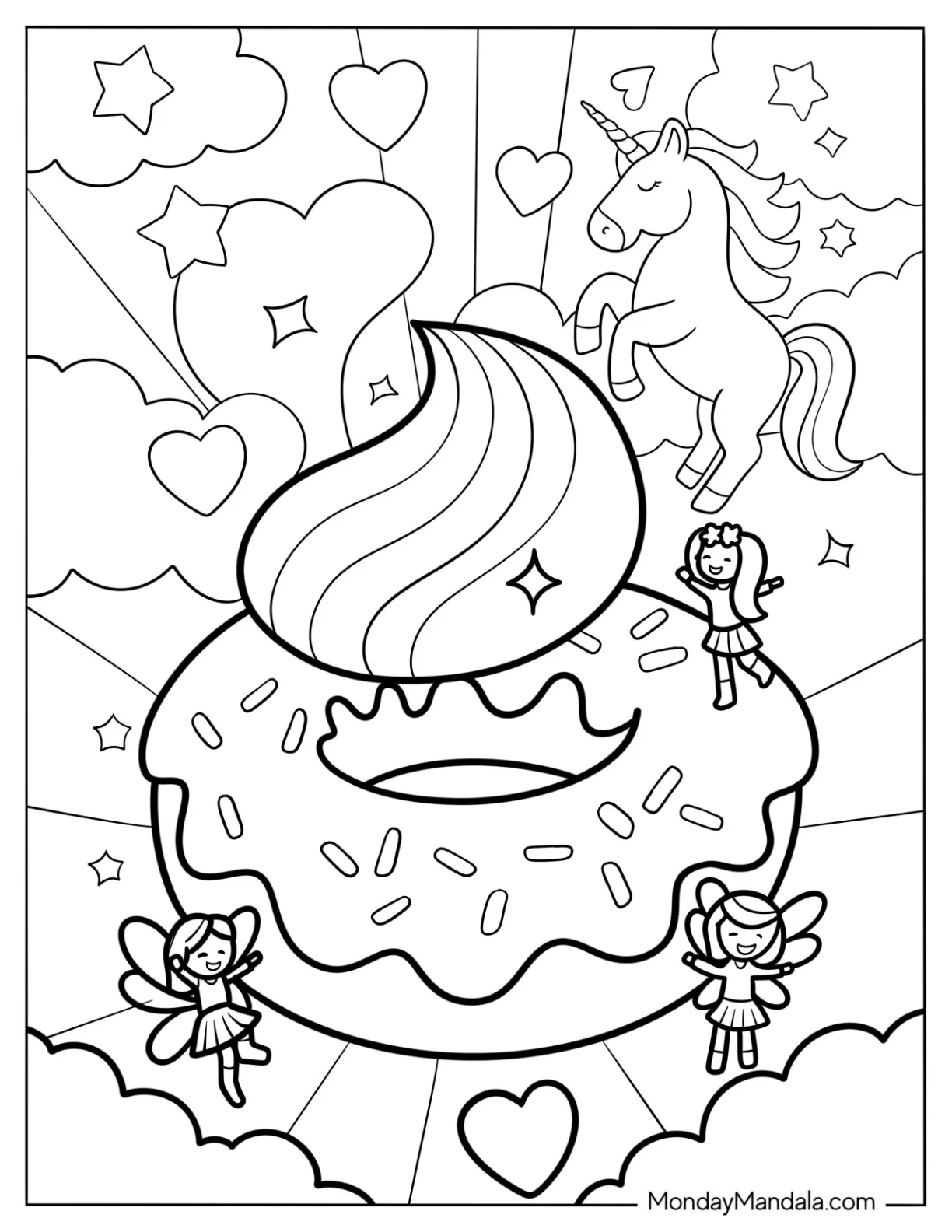 Fairies Surrounding A Donut Coloring Page In The Clouds coloring page