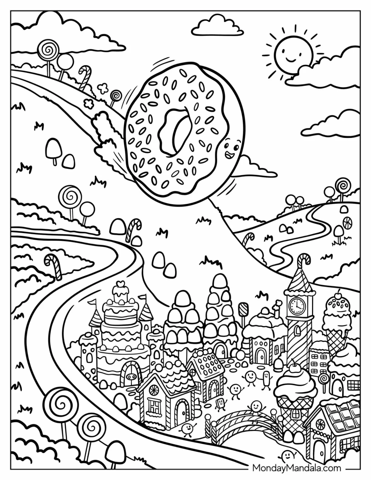 Giant Donut Rolling Down a Hill Toward Candyland Coloring Page coloring page