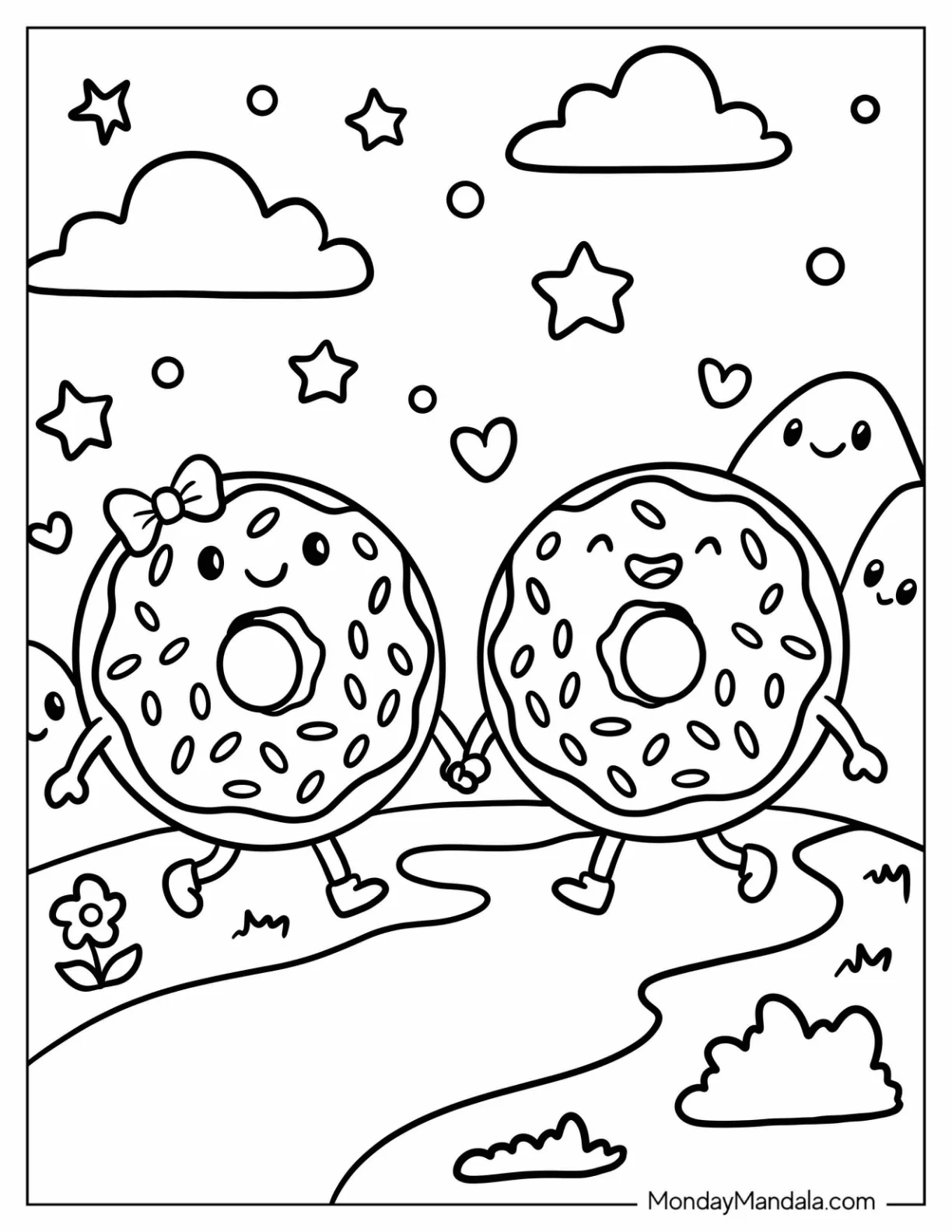 Girlfriend and Boyfriend Donuts Holding Hands Coloring Page for Kids coloring page