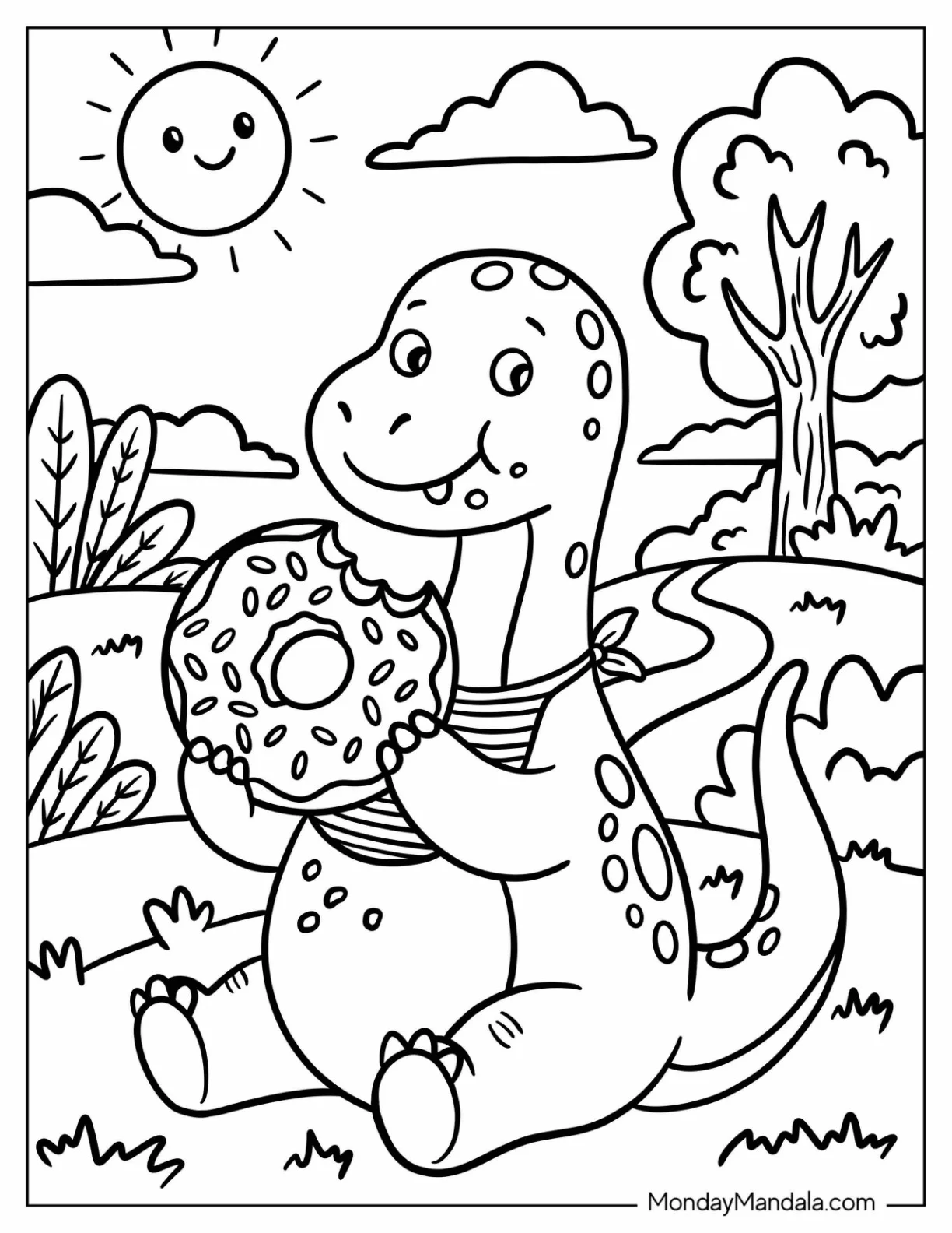 Hungry Dinosaur Eating a Large Donut coloring page — printable line art