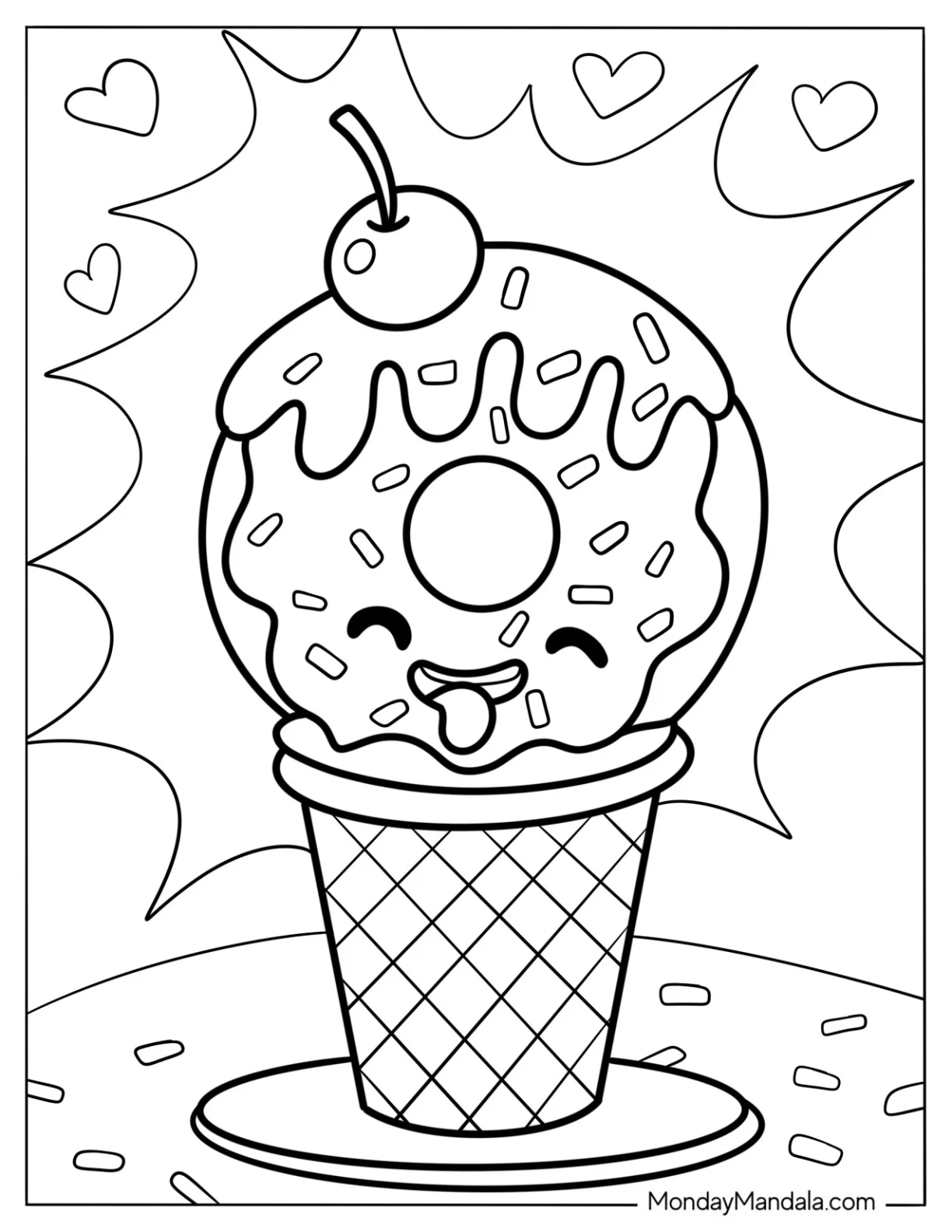 Ice Cream Donut Coloring Page On A Cone With Cherry On Top coloring page