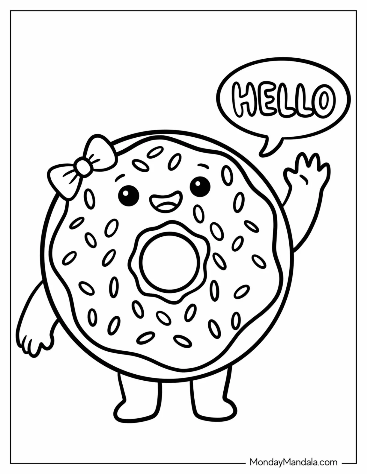 Kawaii Donut with Bow Saying Hello Coloring Sheet for Preschoolers coloring page