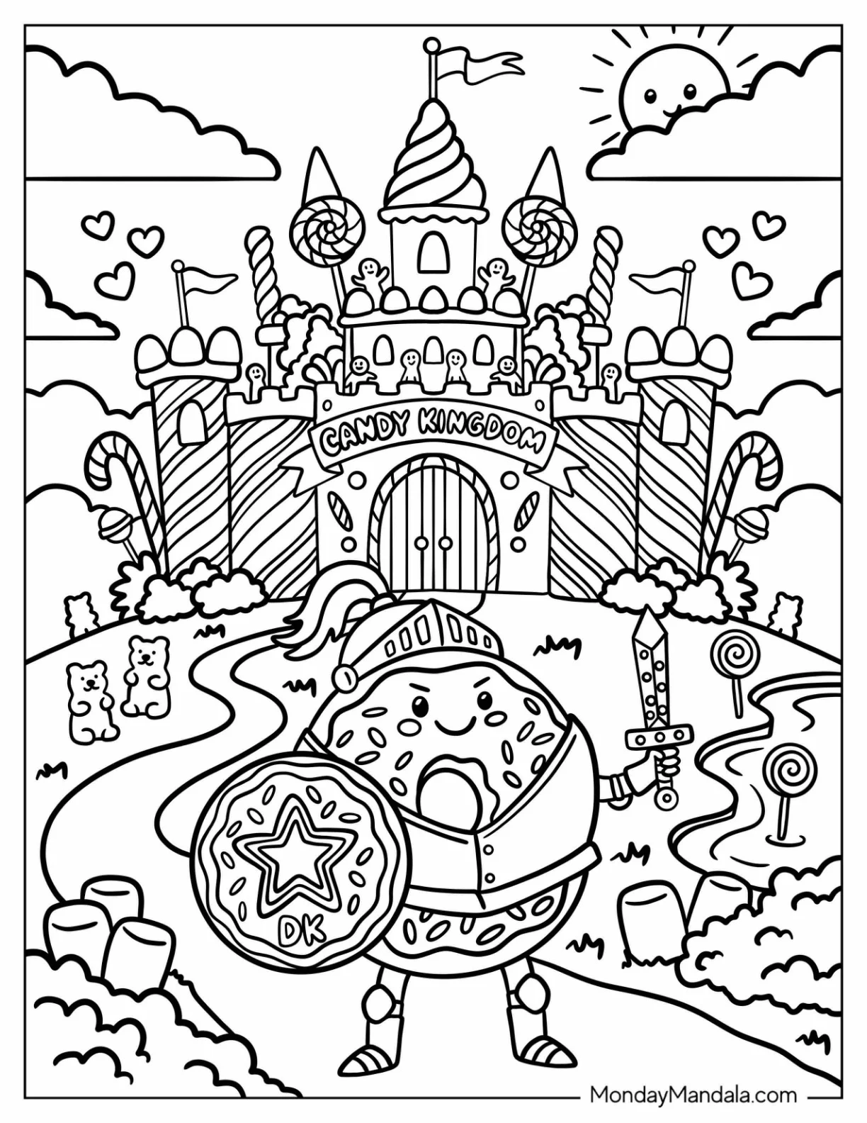 Knight Donut with Sword and Shield Defending a Castle coloring page