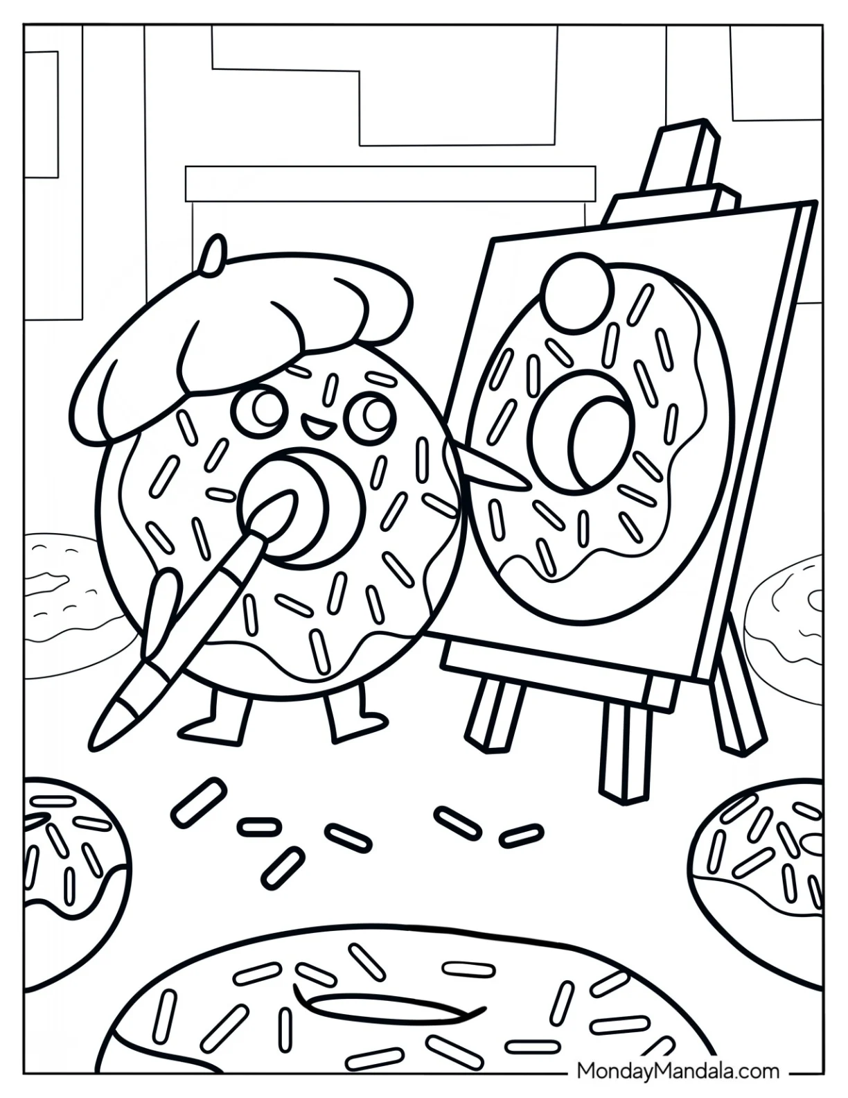 Painter Donut Coloring Page Sketching A Donut coloring page — printable line art