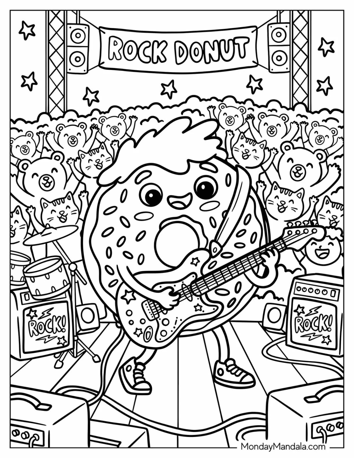 Rockstar Donut Playing Electric Guitar on Stage Coloring Page coloring page