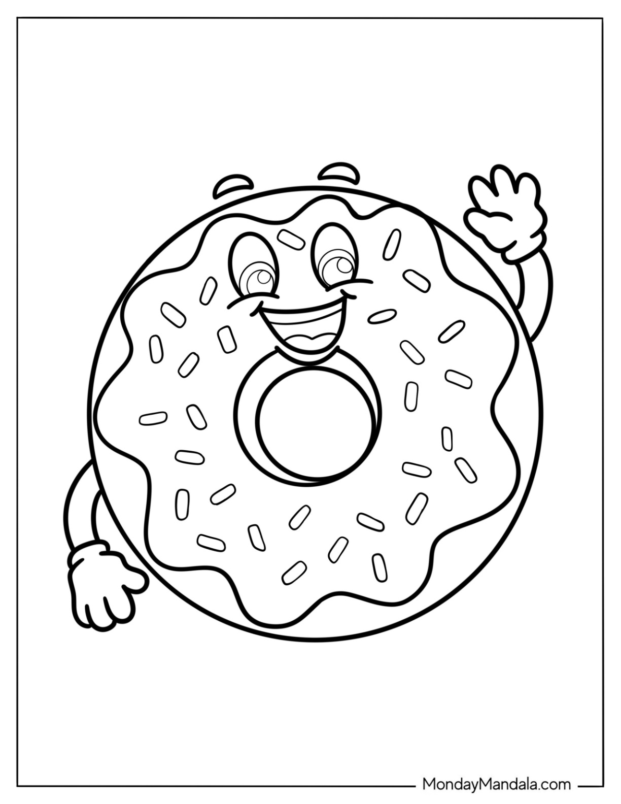 Smiling Cartoon Donut Coloring Page Waving Hand For Kids coloring page