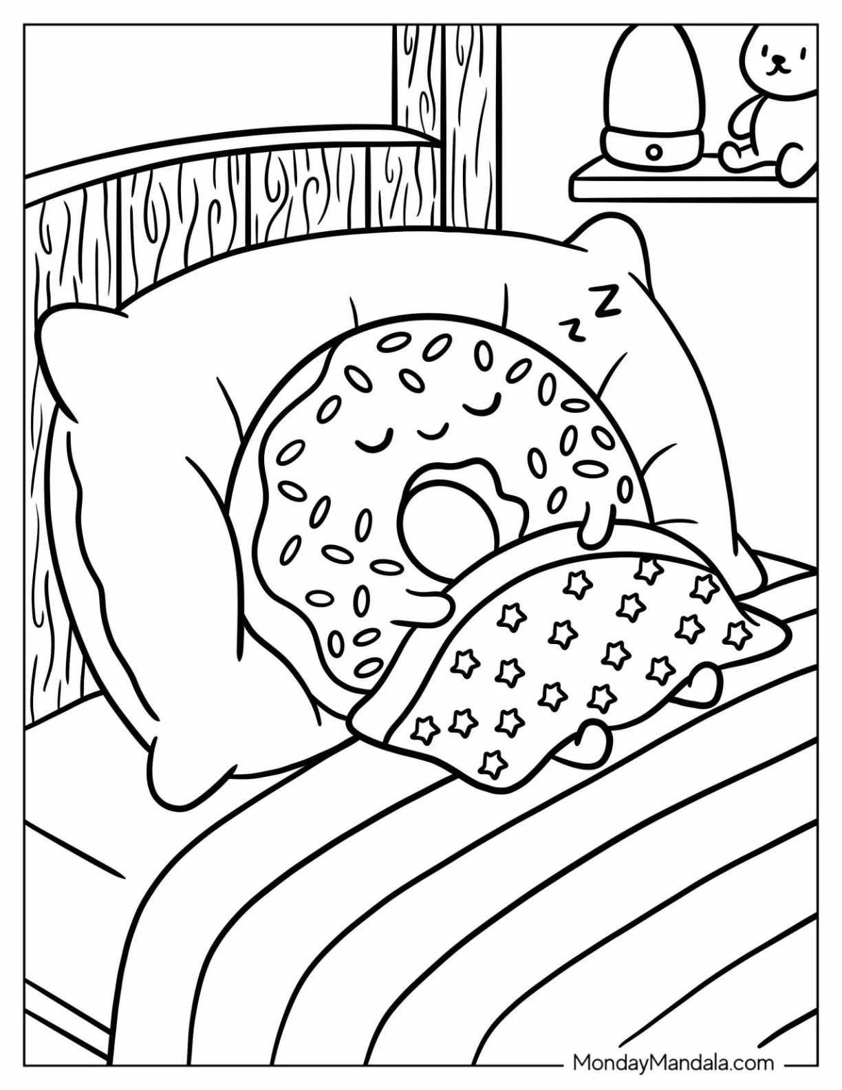 Sprinkled Donut Sleeping Under a Starry Blanket Coloring Page for Kids coloring page