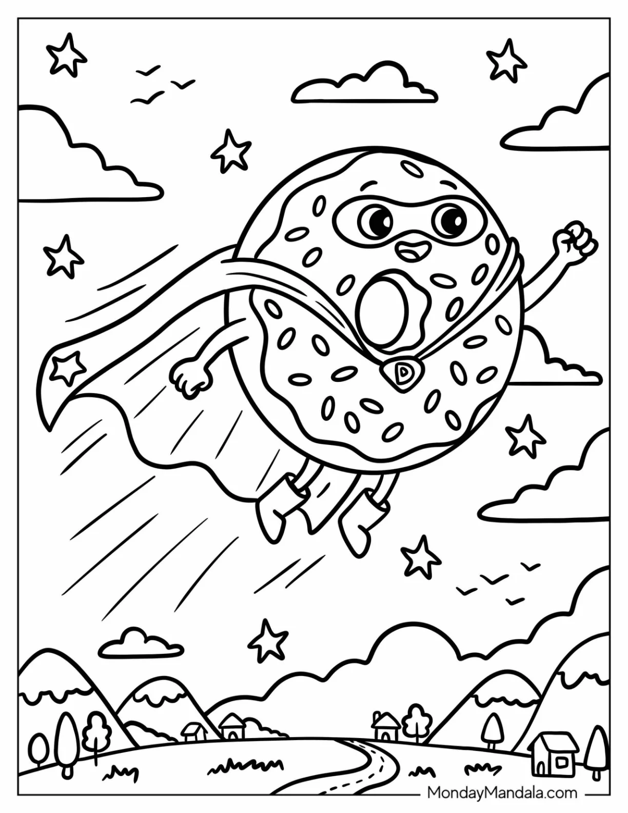 Superhero Donut in the Night Sky Coloring Page for Kids coloring page