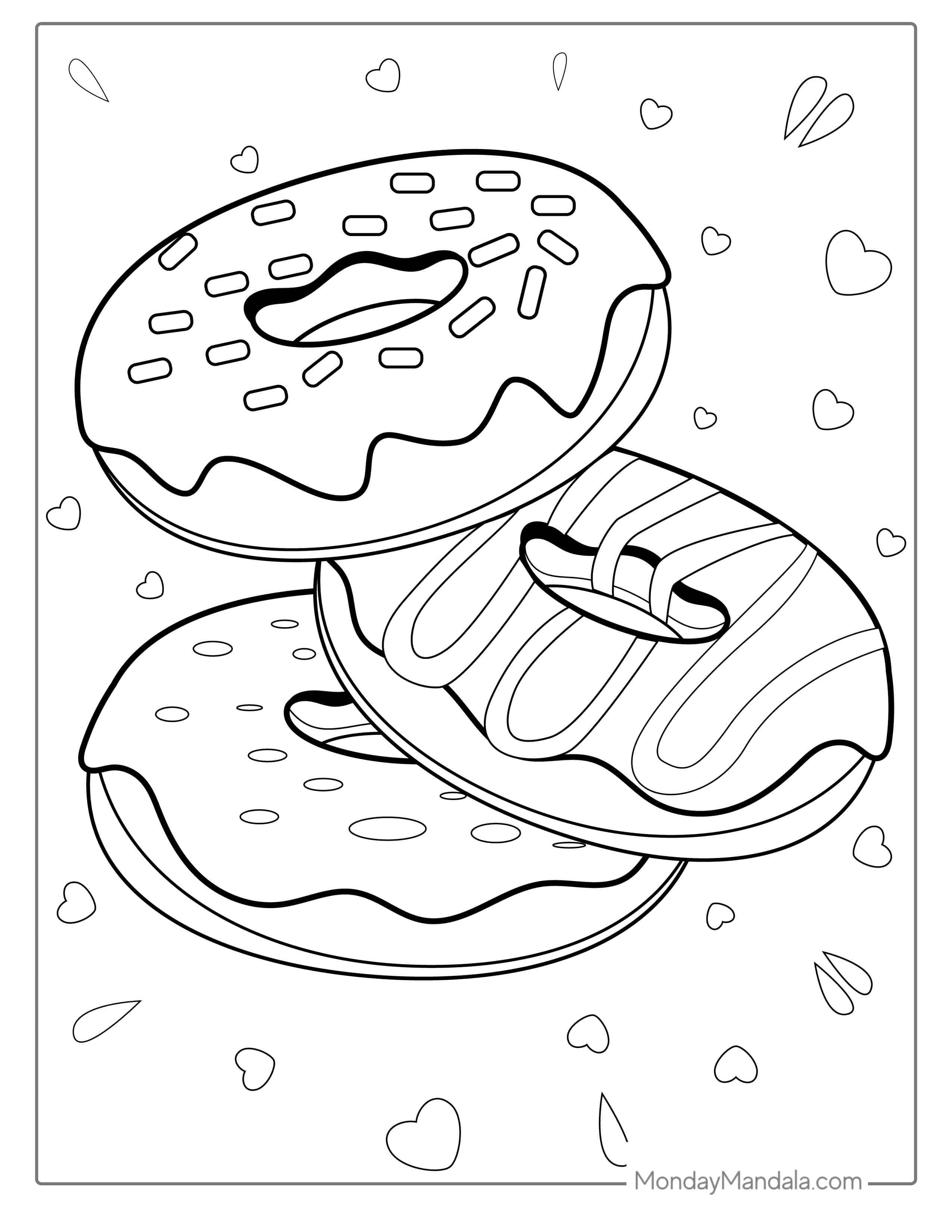 Three Donuts With Glazed, Chocolate and Sprinkles coloring page