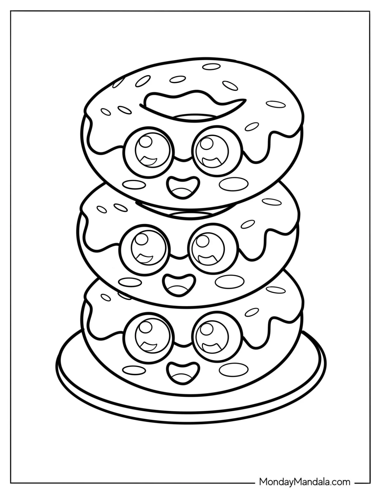 Three Kawaii Mini Donut Coloring Page For Kids coloring page — printable line art