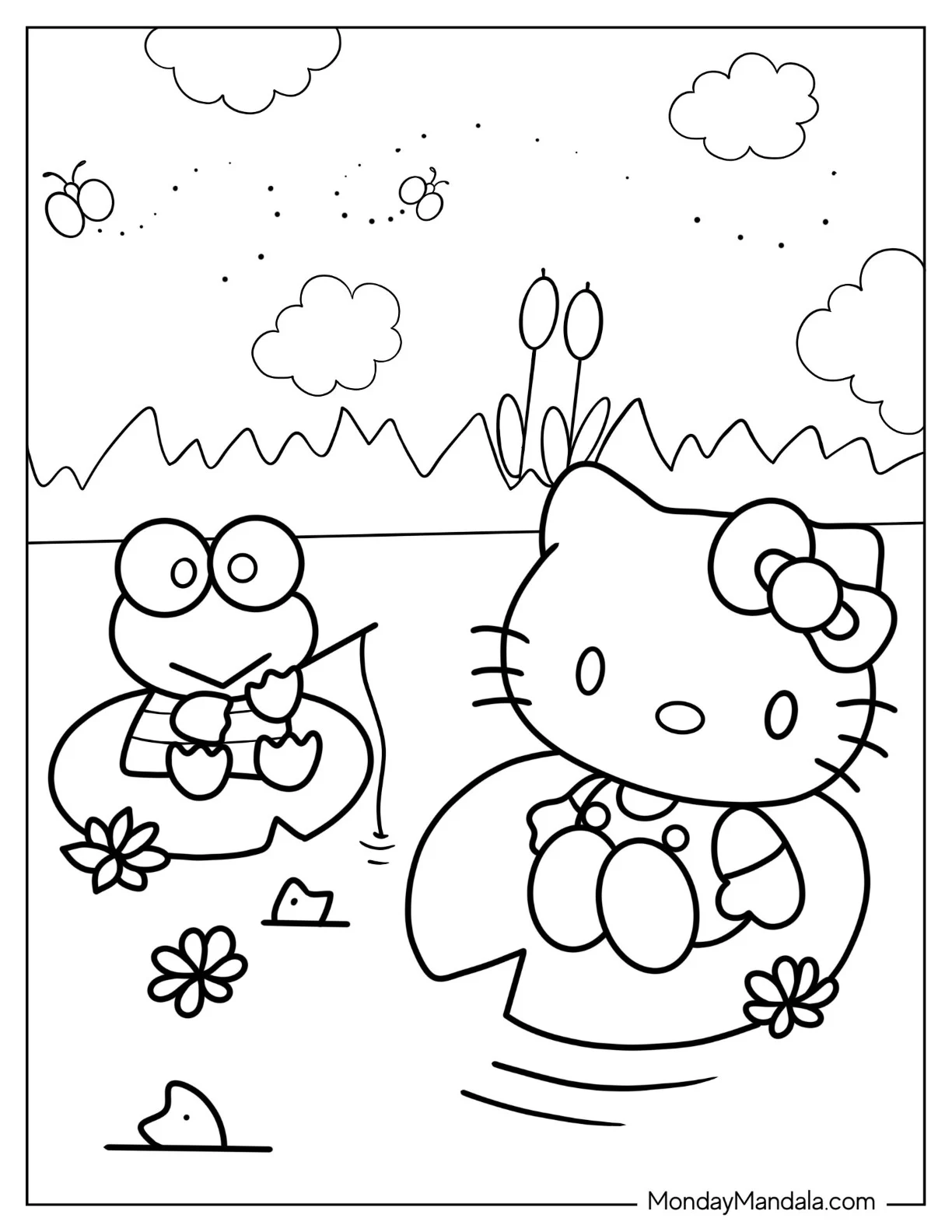 Hello Kitty And Keroppi Coloring Page Sitting On Lily Pads coloring page — printable line art