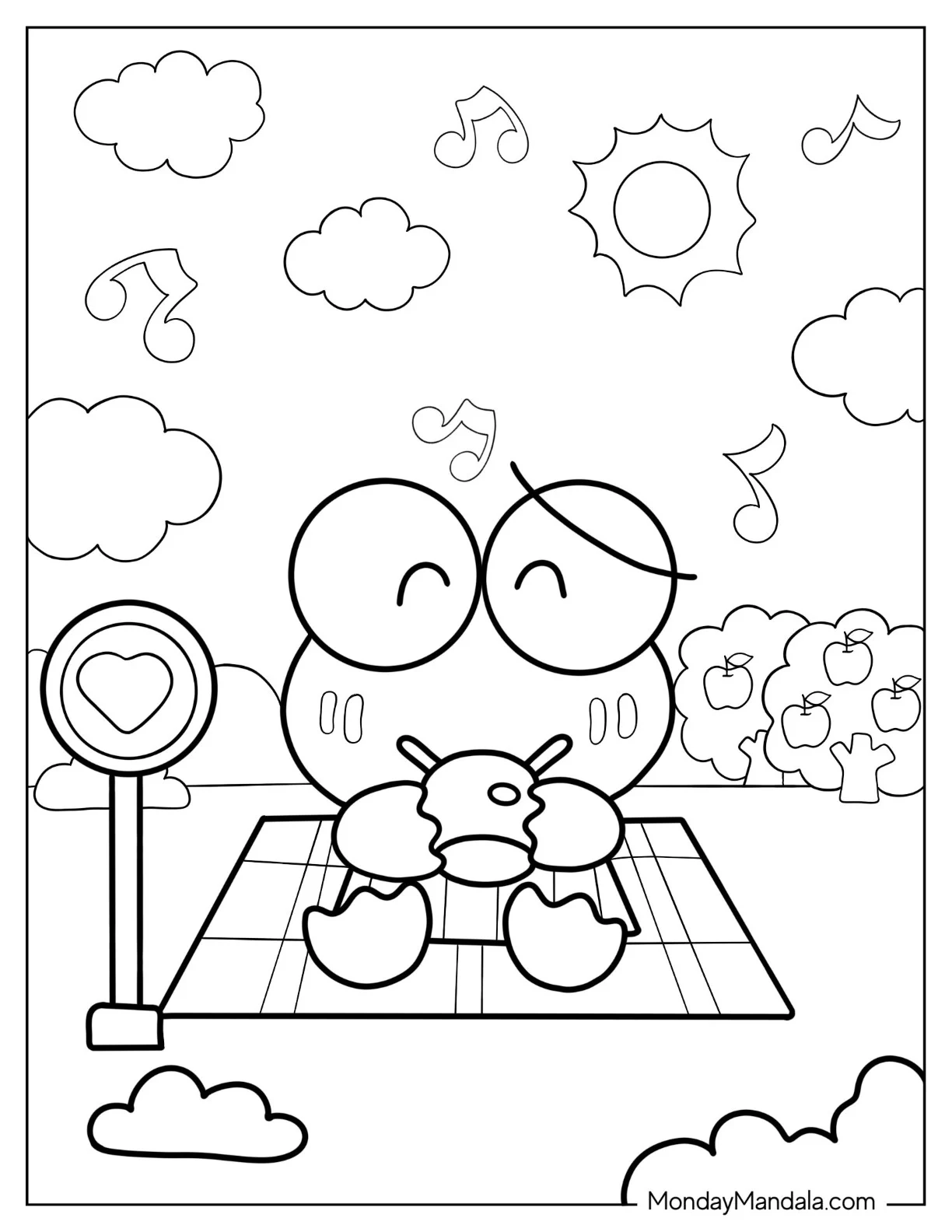 Keroppi Coloring Page Enjoying Tea Outdoors coloring page