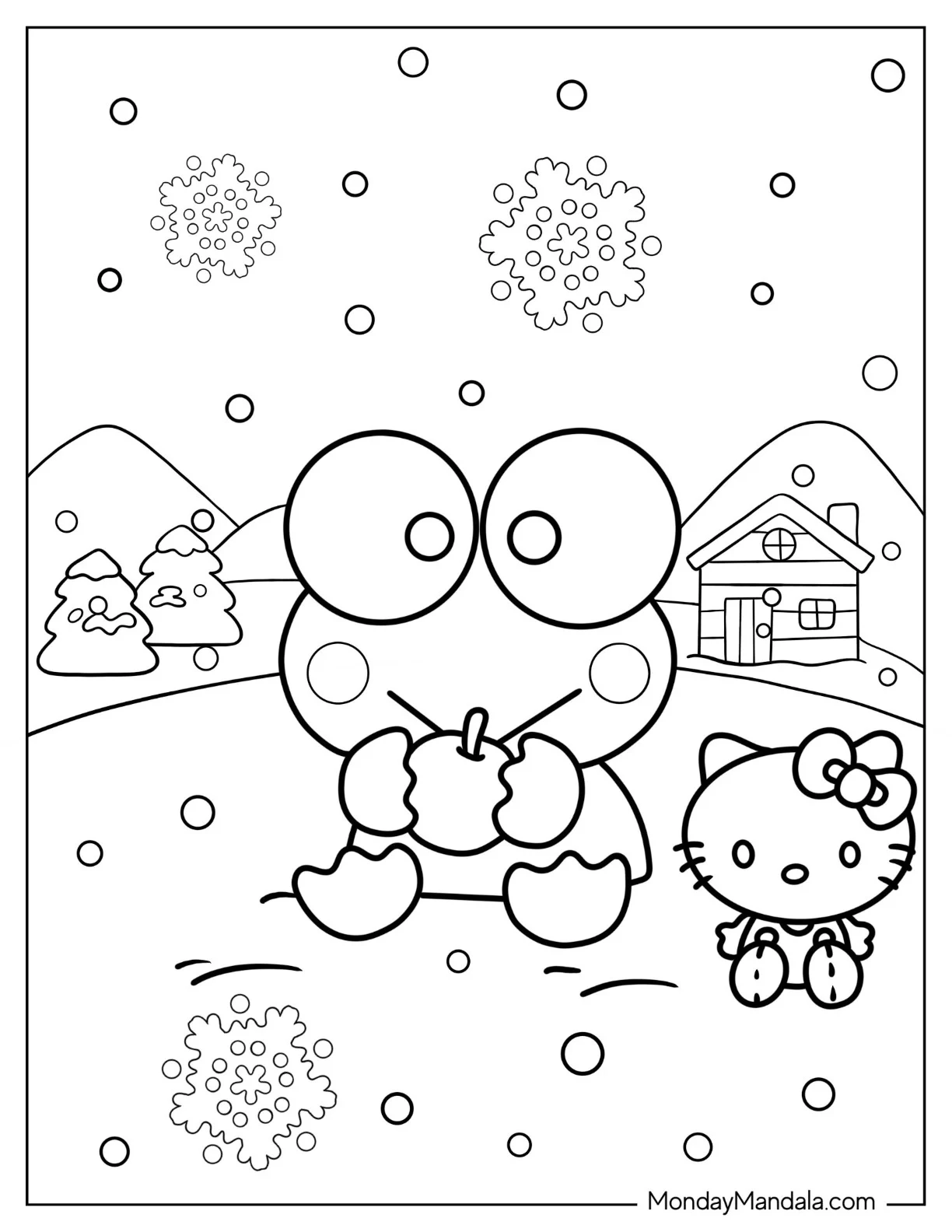 Keroppi Coloring Page of Eating Apple With Hello Kitty coloring page