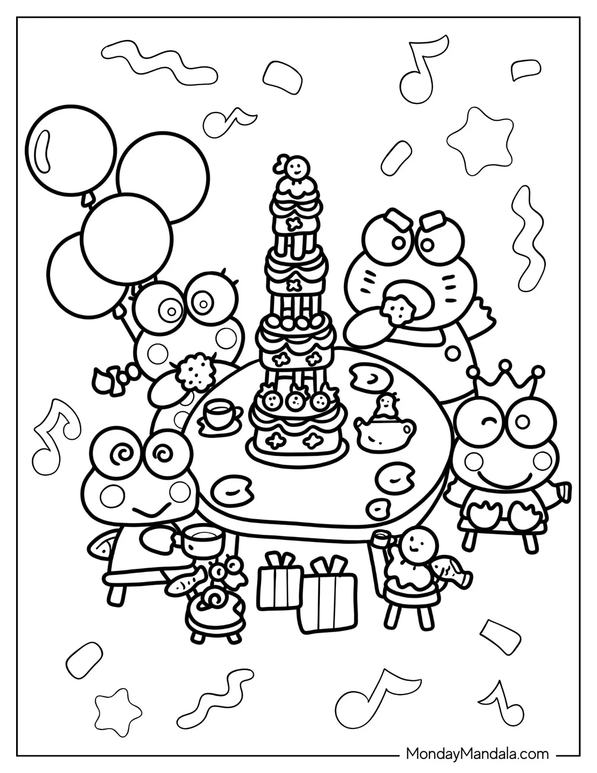 Keroppi Coloring Page of Family Eating Cake coloring page