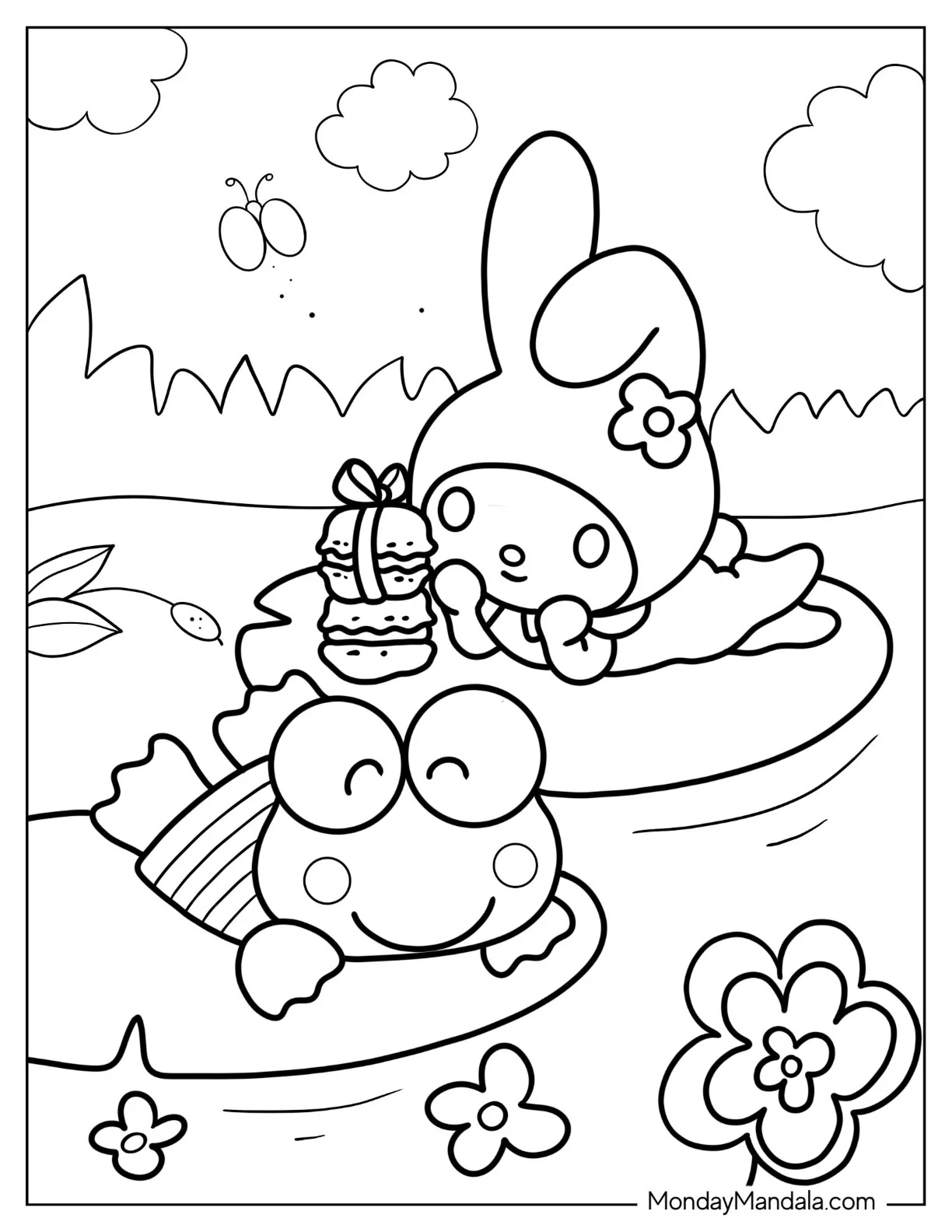Keroppi Coloring Page of My Melody Sunbathing On Lily Pads coloring page