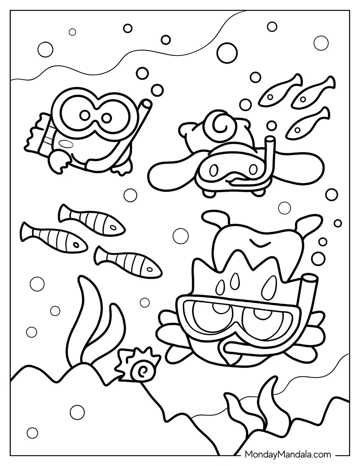 Keroppi Coloring Page of Snorkling With Badte Maru And Cinnamaroll coloring page
