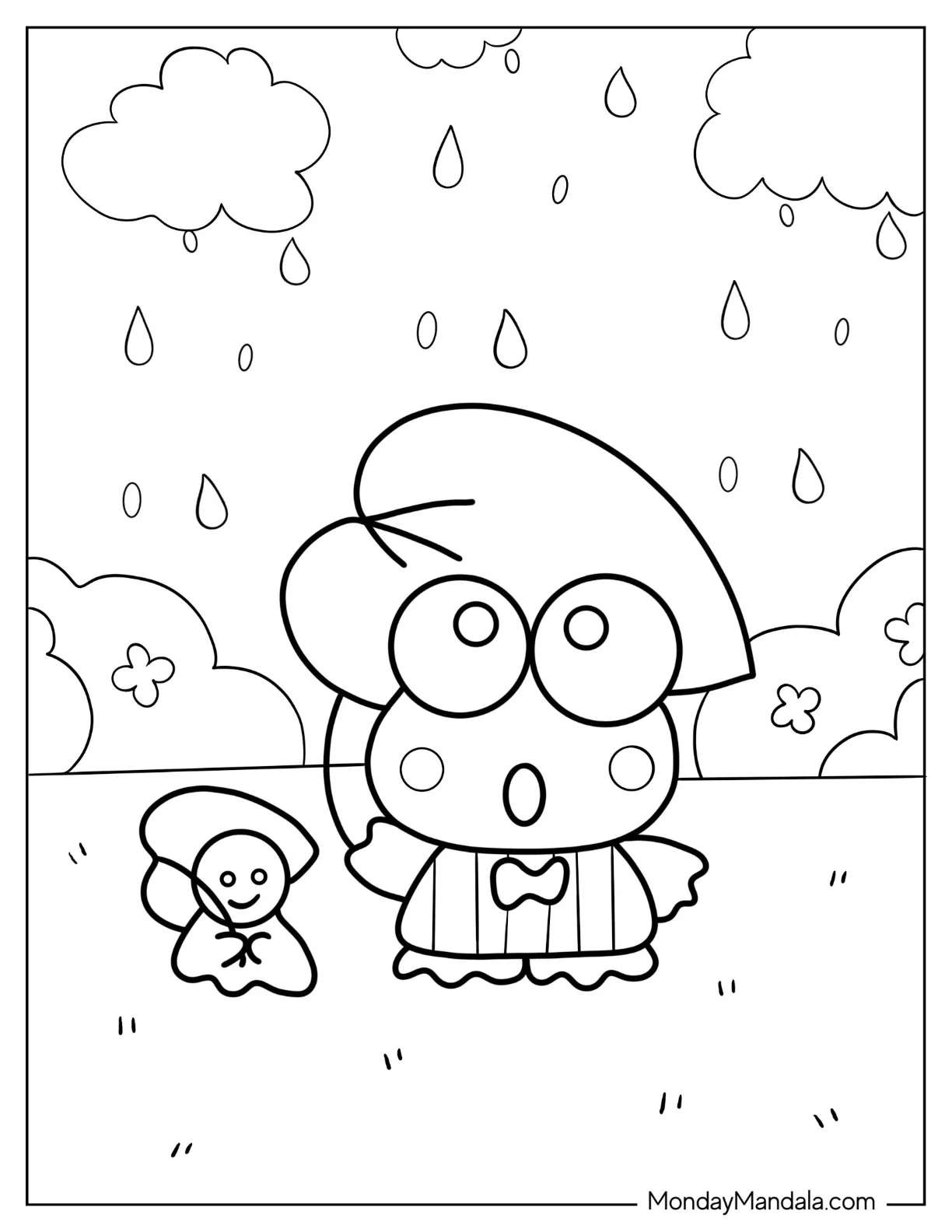 Keroppi Coloring Page of With Teru Teru Using Leaf As Umbrella coloring page