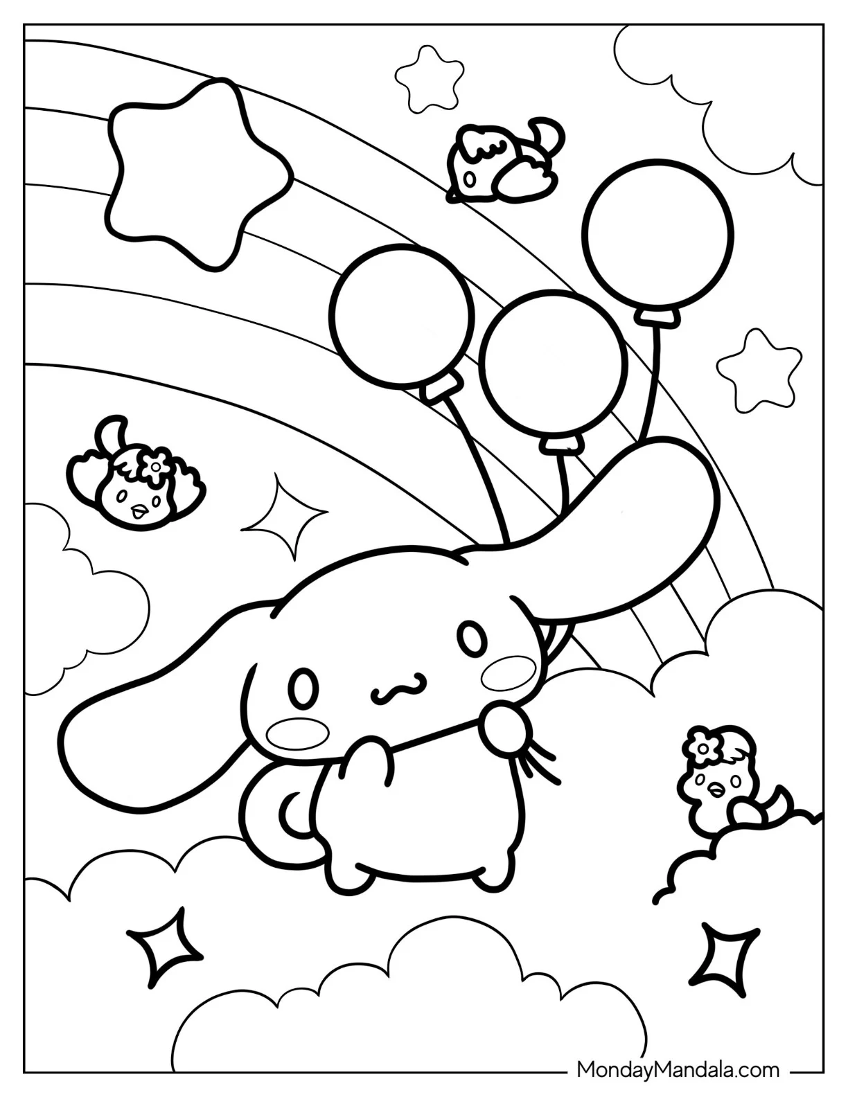 Sanrio Coloring Pages Of Cinnamoroll Holding Balloons In The Clouds coloring page — printable line art