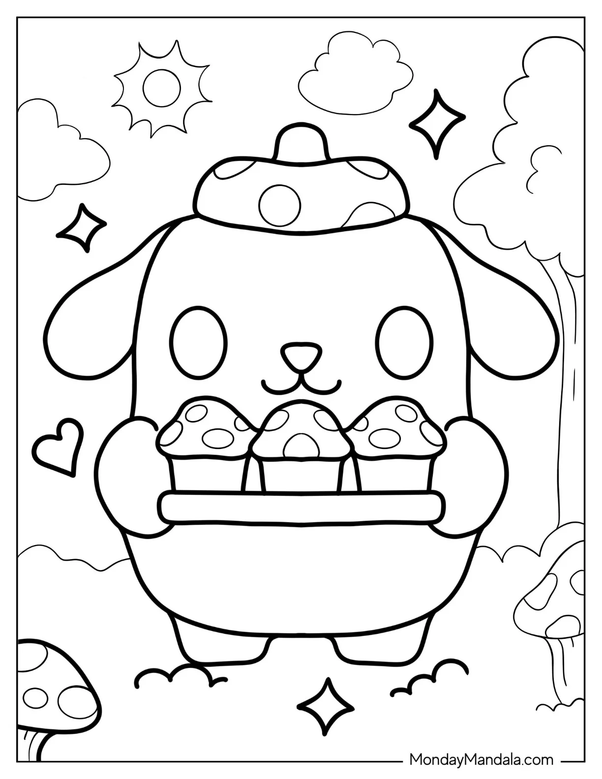 Sanrio Coloring Pages Of Cute Pompompurin Carrying Mushroom Cupcakes coloring page