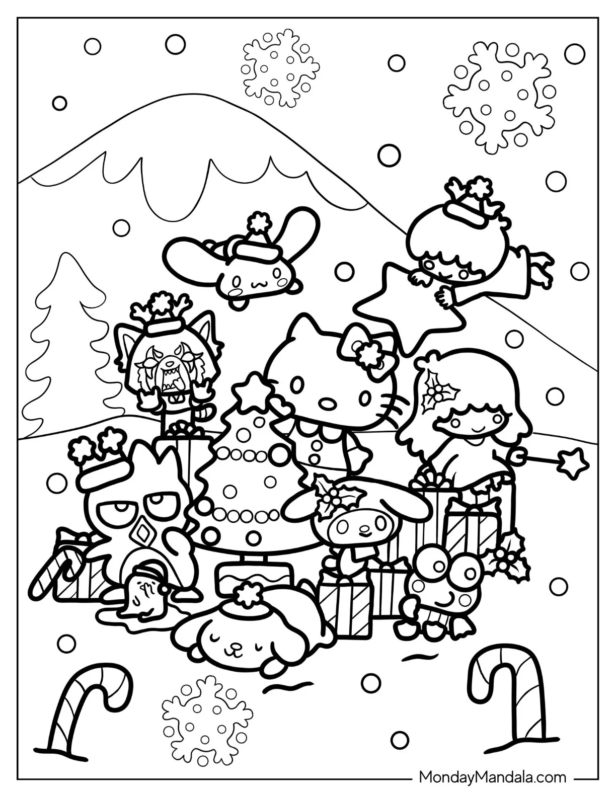 Sanrio Coloring Pages Of Friends Decorating Christmas Tree coloring page