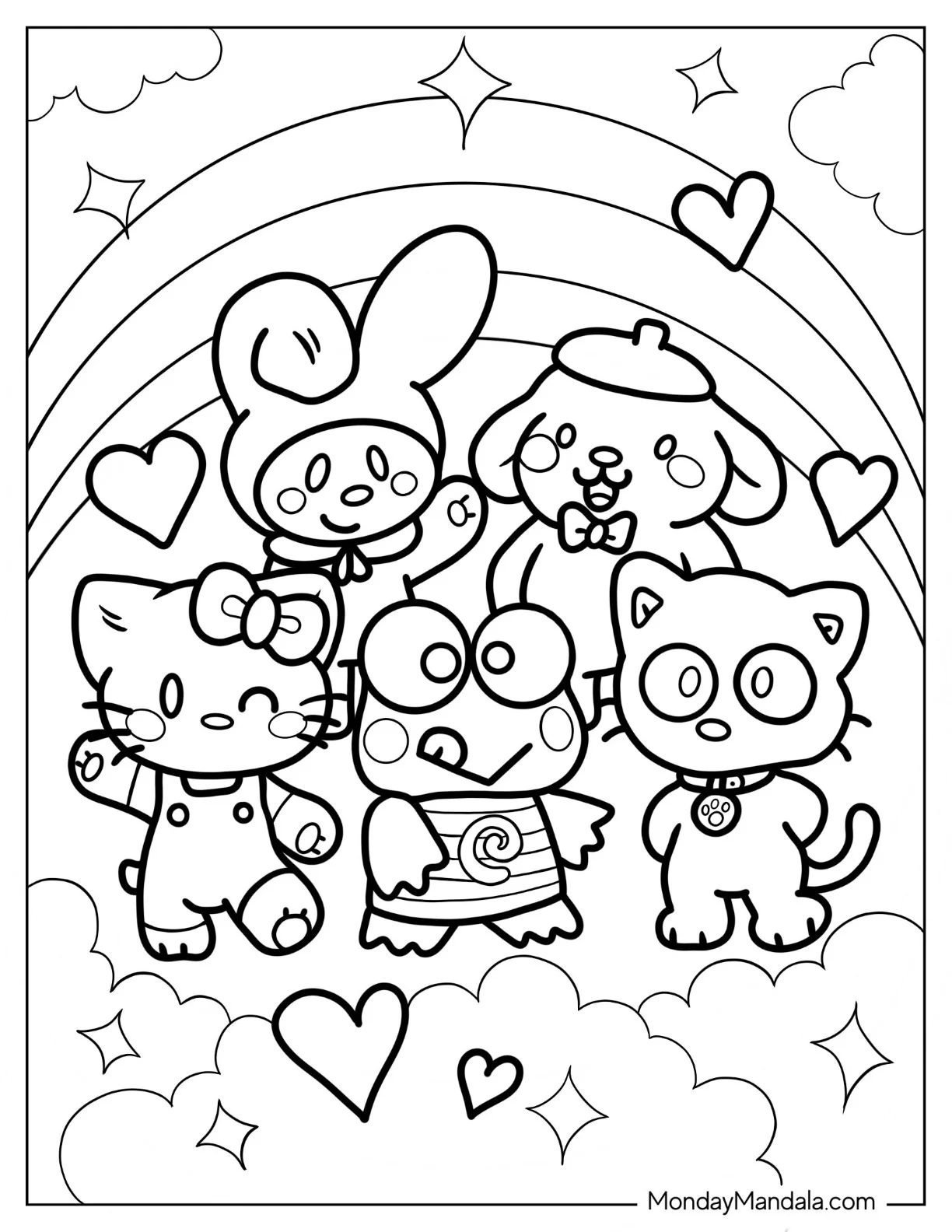 Sanrio Coloring Pages Of Friends In Front Of Rainbow coloring page