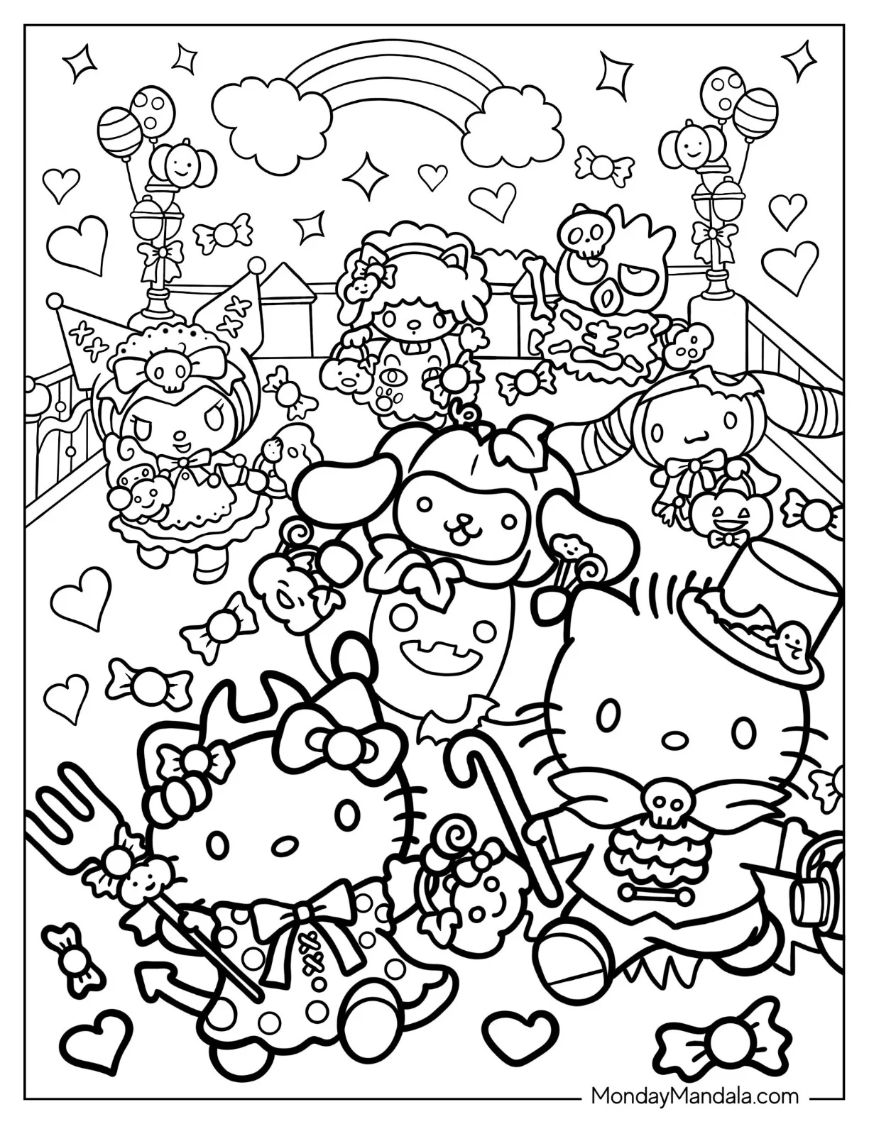 Sanrio Coloring Pages Of Hello Kitty, Dear Daniel, And Friends In Halloween Costumes coloring page — printable line art