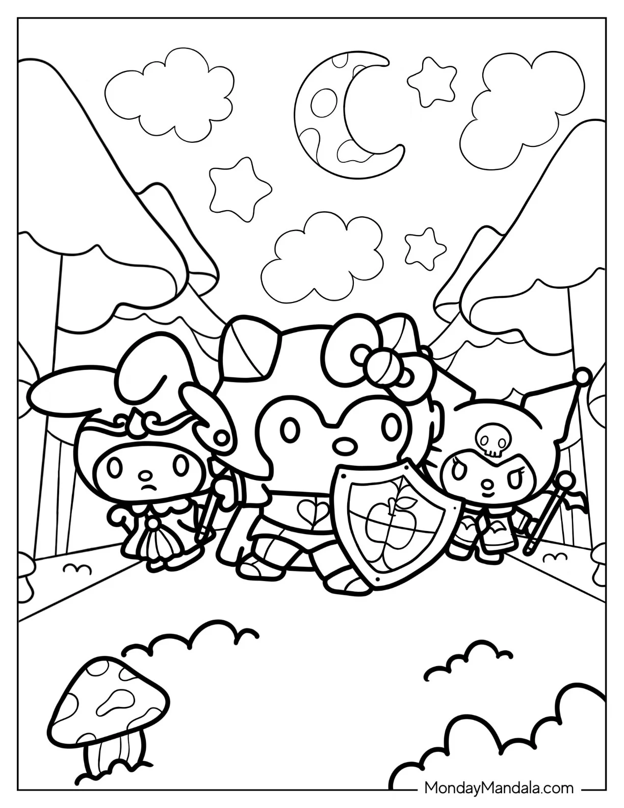 Sanrio Coloring Pages Of Hello Kitty Knight, Sorcerer My Melody, And Witch Kuromi coloring page — printable line art