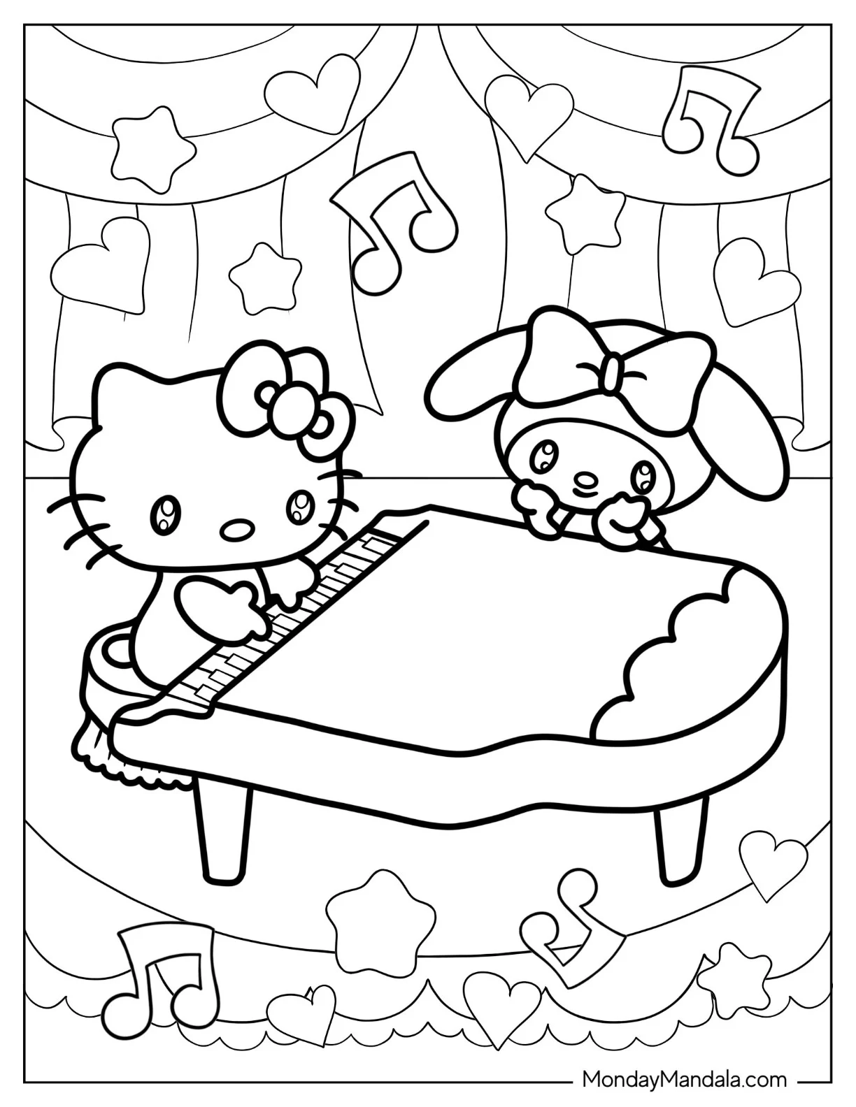 Sanrio Coloring Pages Of  Hello Kitty Playing Piano For My Melody coloring page