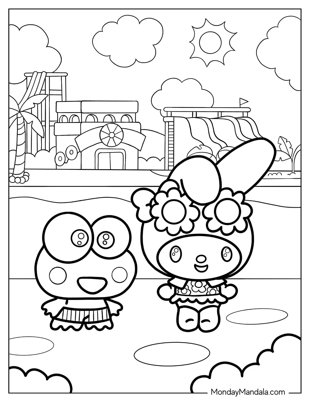 Sanrio Coloring Pages Of Keroppy And My Melody Playing In Pool Park coloring page — printable line art