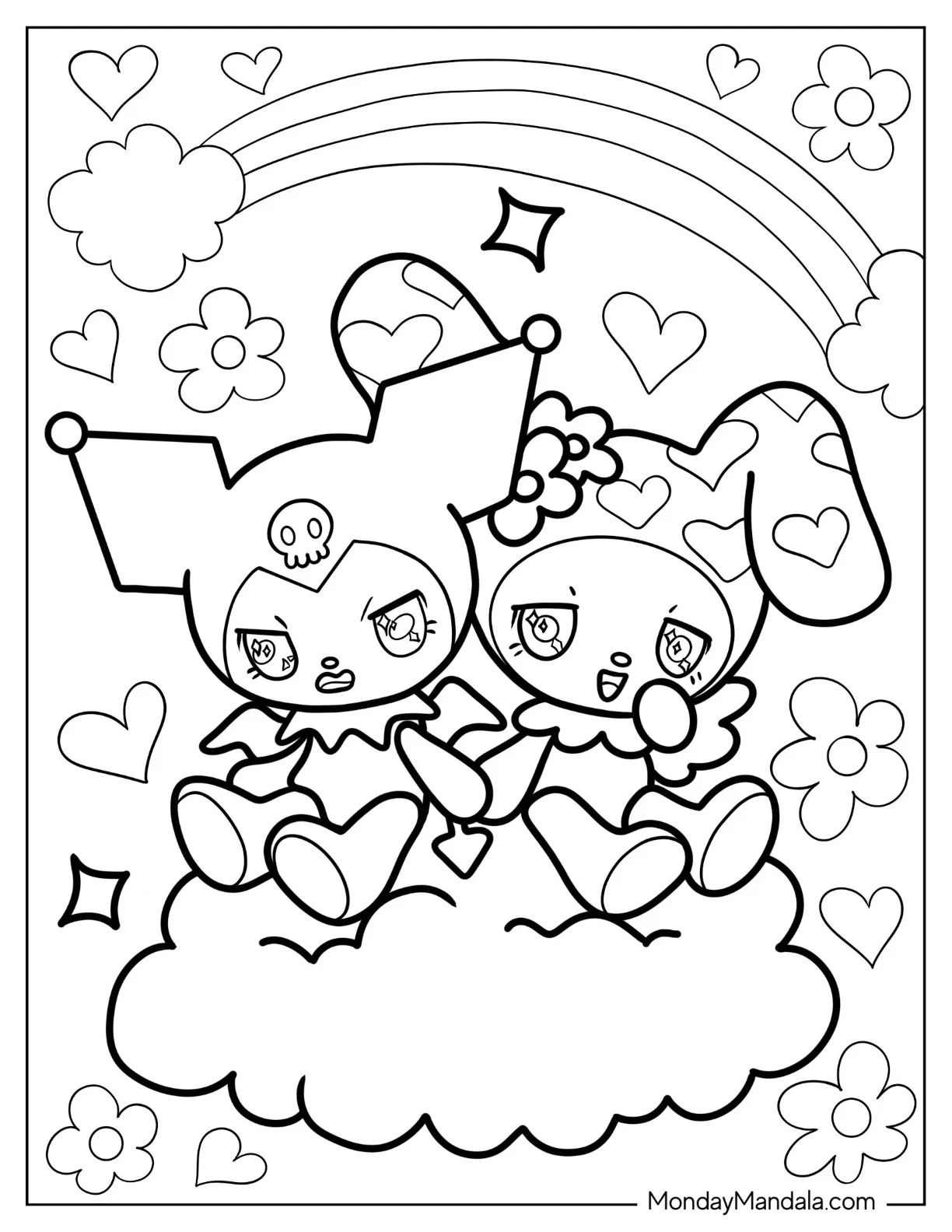 Sanrio Coloring Pages Of Kuromi And My Melody Holding Hands On Cloud coloring page