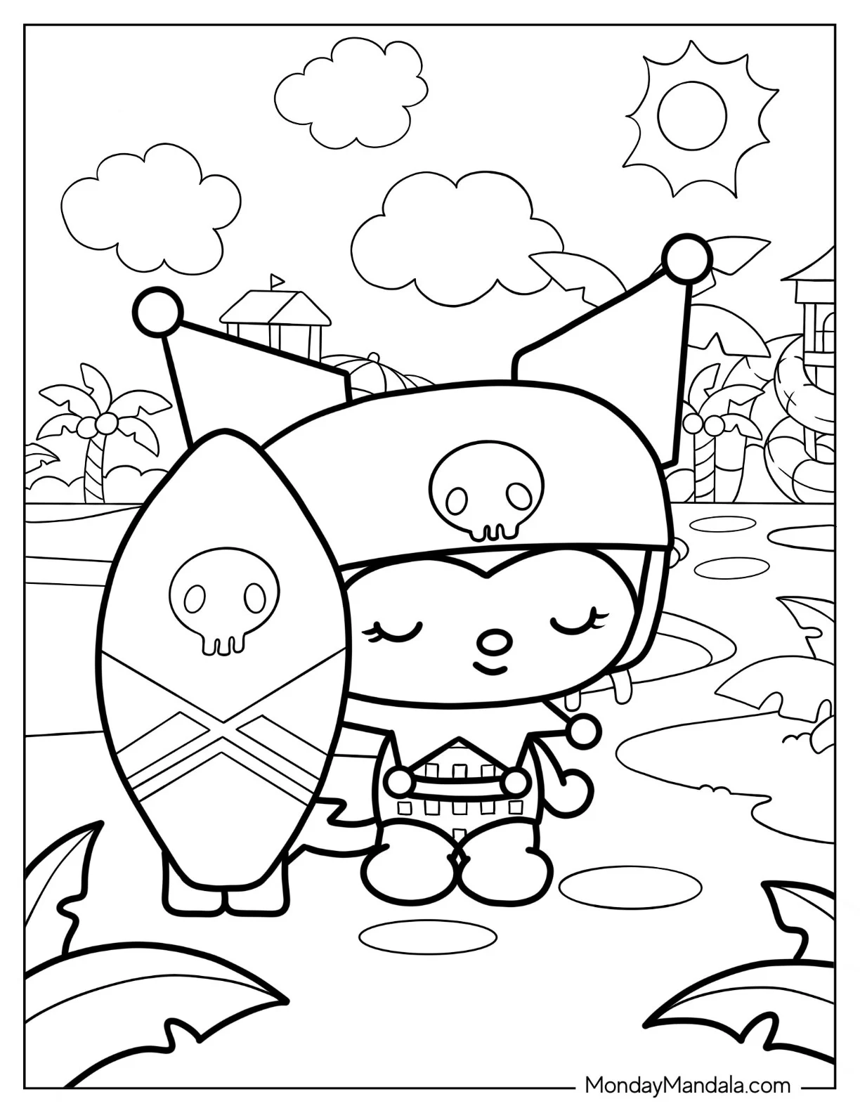 Sanrio Coloring Pages Of  Kuromi Holding Surfboard coloring page