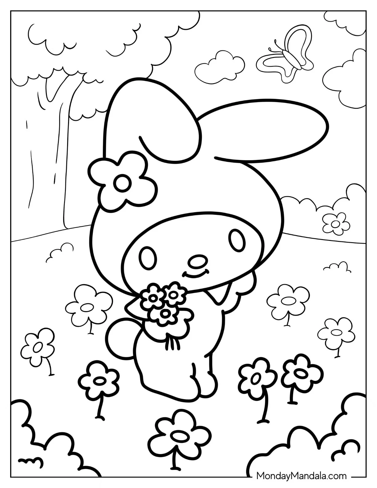 Sanrio Coloring Pages Of  My Melody Picking Flowers coloring page