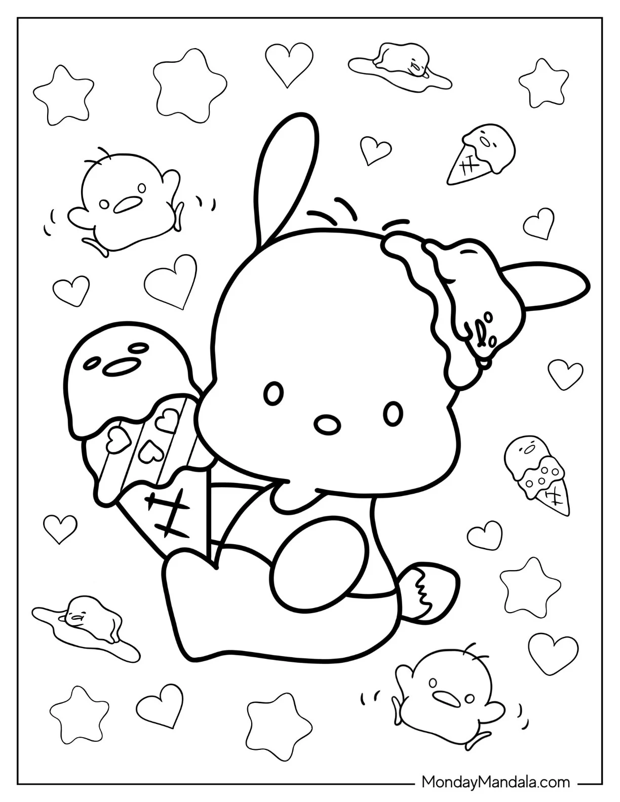 Sanrio Coloring Pages Of Pochacco Eating Ice Cream Cone coloring page — printable line art