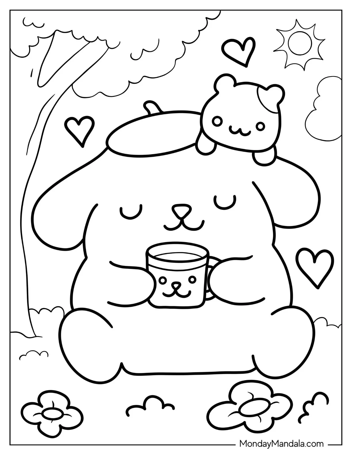 Sanrio Coloring Pages Of Pompompurin Drinking Tea With Muffin coloring page — printable line art
