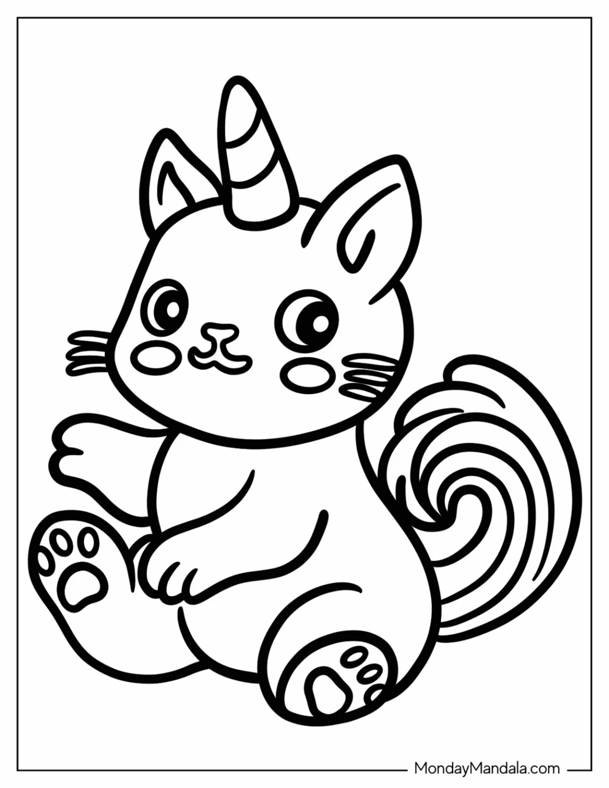 Adorable Unicorn Cat Coloring Page With Curly Tail For Kids coloring page