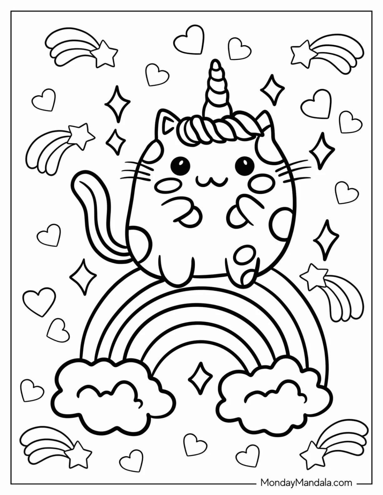 Chibi Unicorn Cat Coloring Page Standing On A Rainbow For Kids coloring page