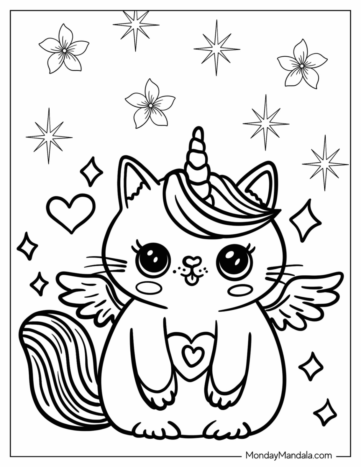 Chunky Unicorn Cat Coloring Page With Wings And Starry Background coloring page — printable line art