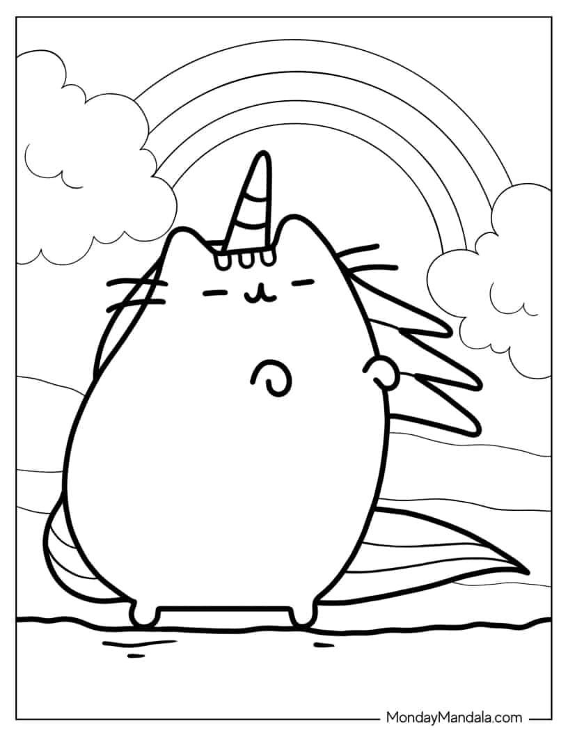 Cute Pusheen Unicorn Cat With Rainbow coloring page