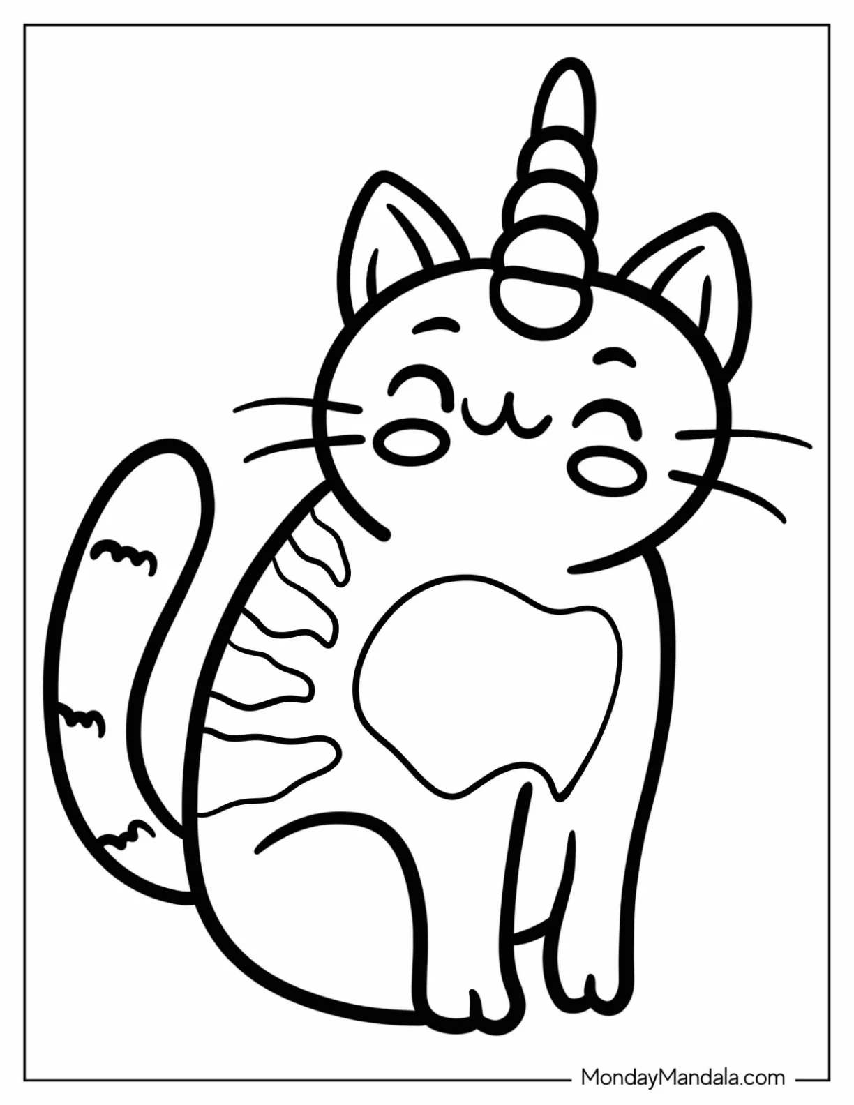 Cute Unicorn Cat Coloring Page With Striped Back For Preschoolers coloring page