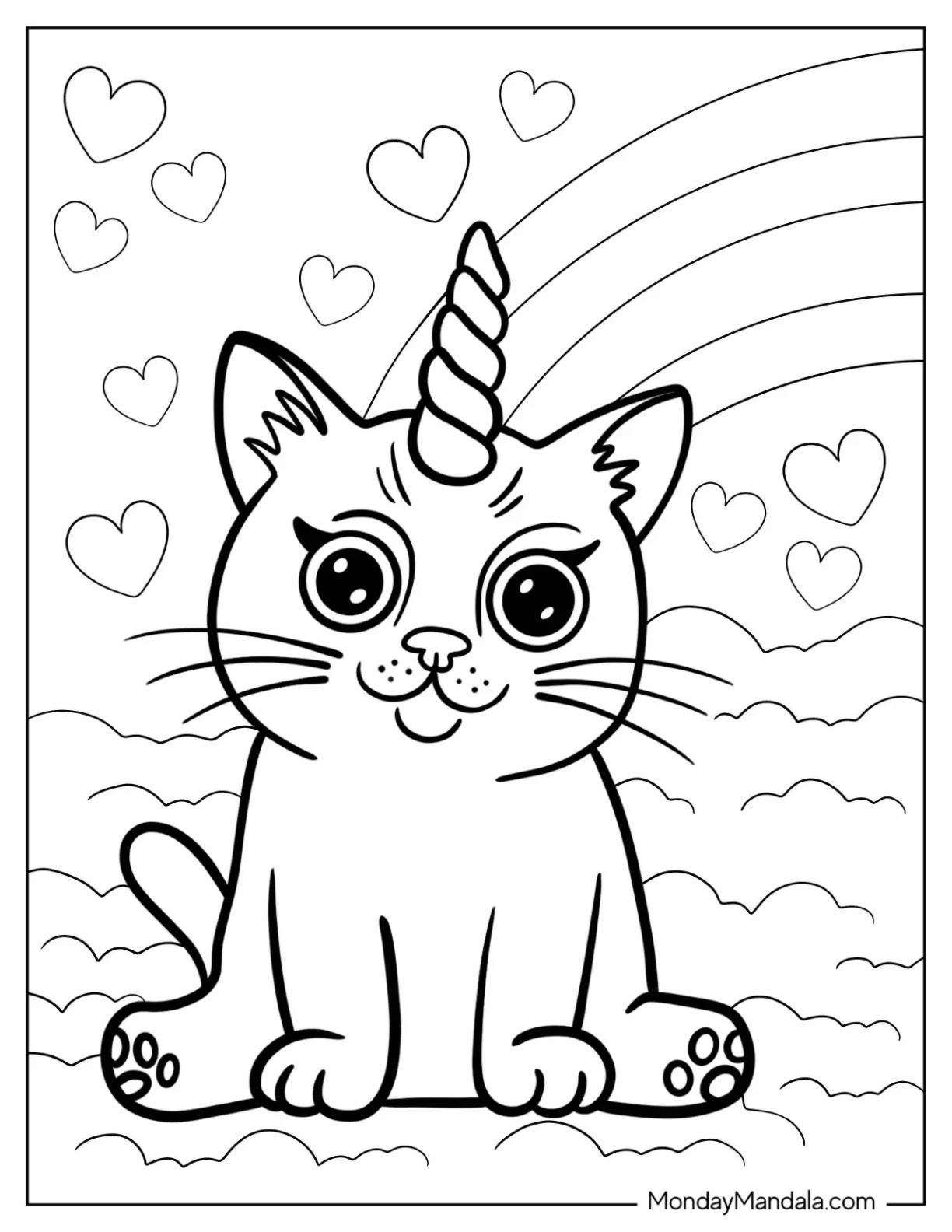 Easy Unicorn Cat Coloring Page Sitting On The Clouds For Preschoolers coloring page
