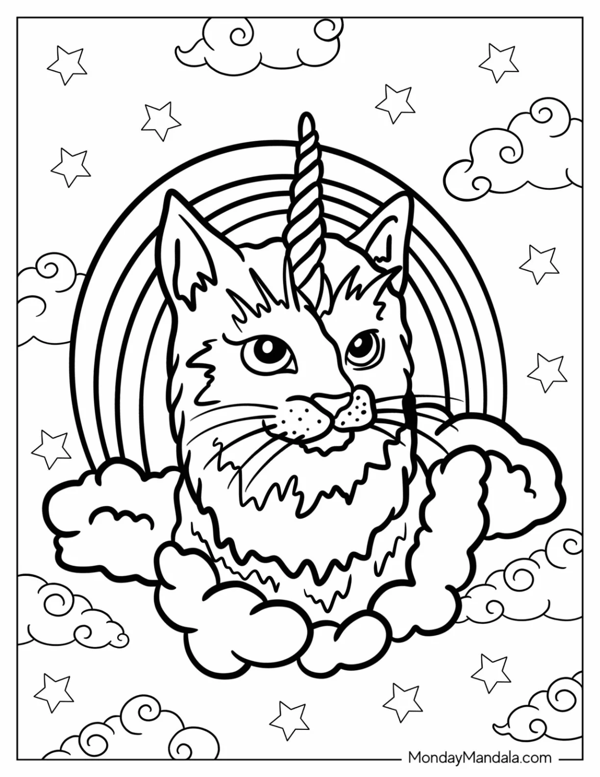 Furry Unicorn Cat Coloring Page In The Clouds With Starry Sky coloring page