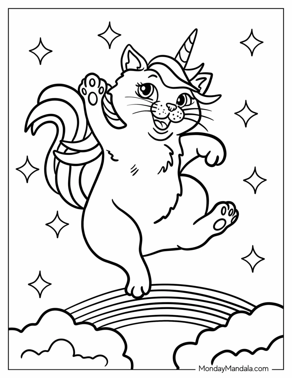 Happy Unicorn Cat Coloring Page Bouncing Off A Rainbow coloring page