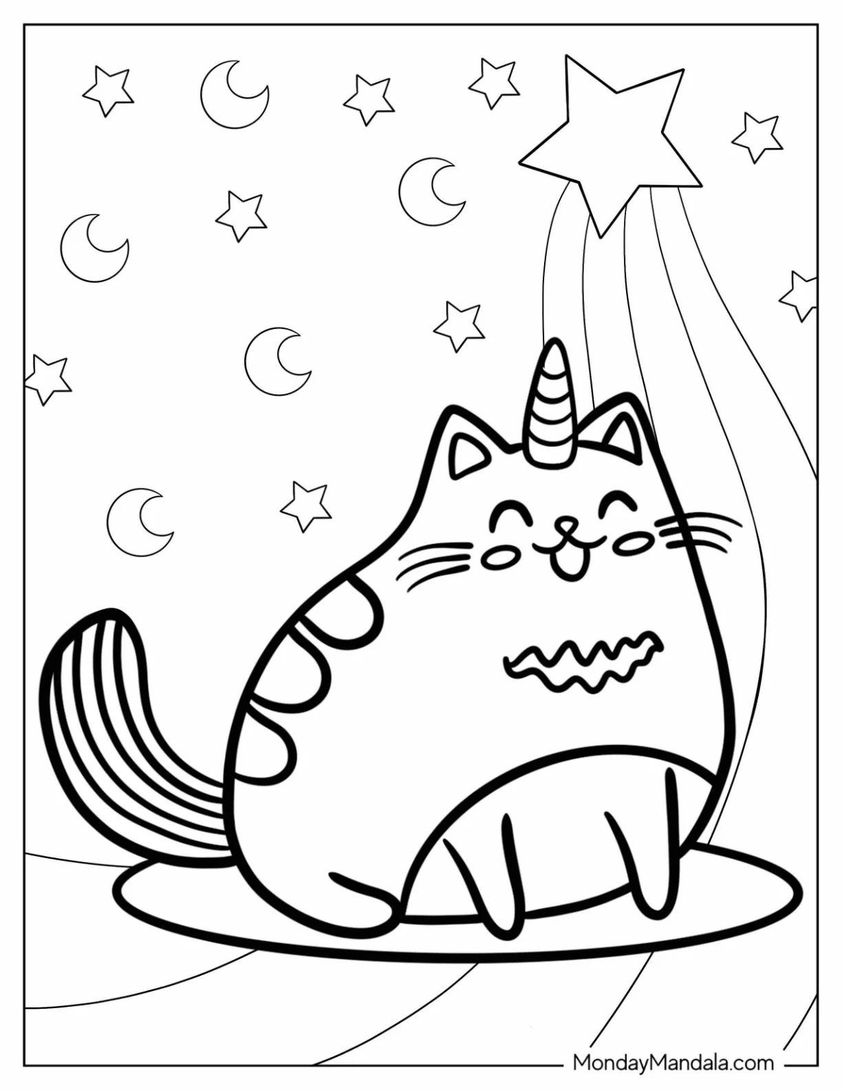 Pusheen Unicorn Cat Coloring Page On A Rainbow coloring page