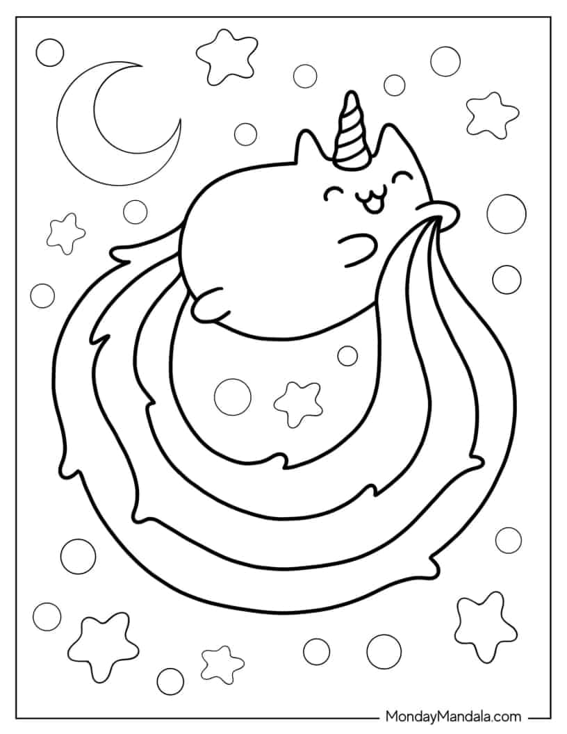 Pusheen Unicorn Cat With Long Rainbow Tail coloring page
