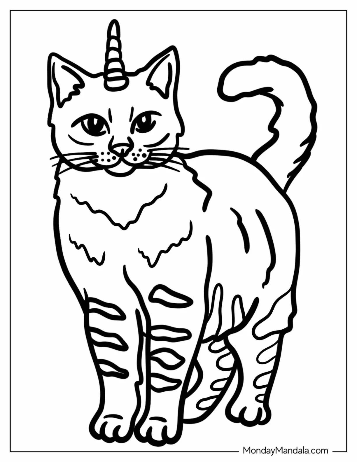 Simple Unicorn Cat Coloring Page With Stripes For Kids coloring page