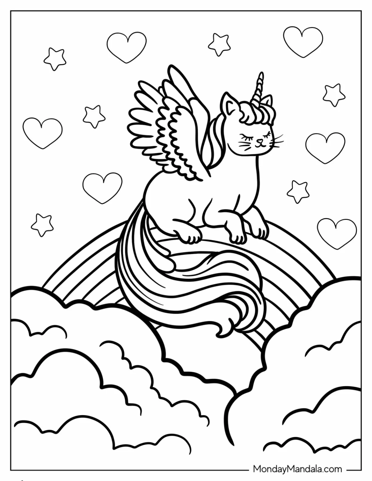 Sleeping Unicorn Cat Coloring Page On A Rainbow coloring page — printable line art