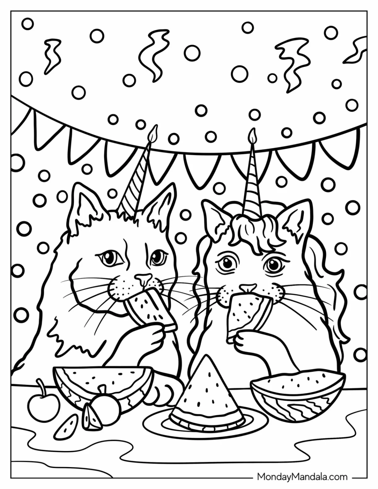 Two Unicorn Cat Coloring Page Eating Watermelons coloring page