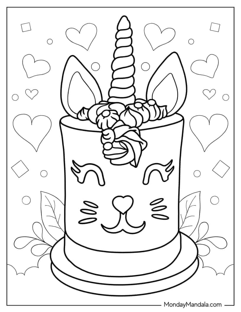 Unicorn Cat Cake To Color coloring page